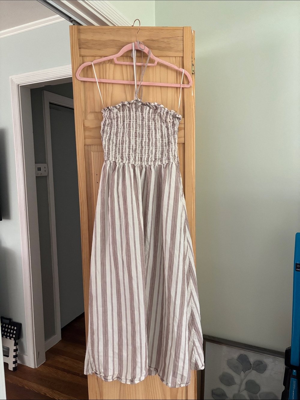 a new day Beige and White Striped Smocked Sundress
